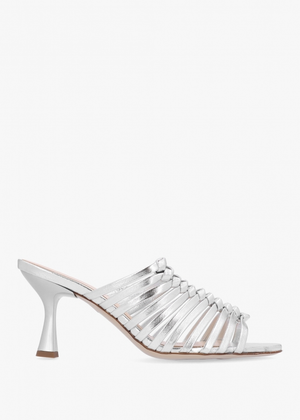 Notty Silver Leather Knotted Strap Heeled Mules