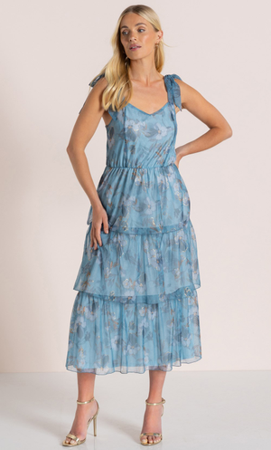 Floral Shimmer Tiered Mesh Midi Dress - Blue/Gold
