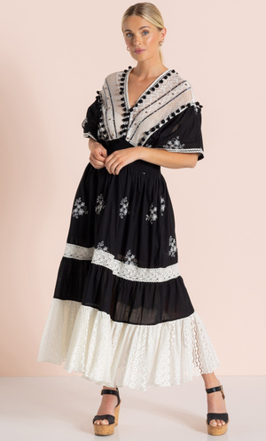 Embroidery And Lace Cotton Maxi Dress - Black/Ecru