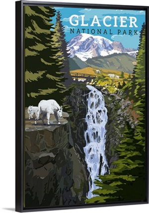 Glacier National Park, Sheep: Retro Travel Poster