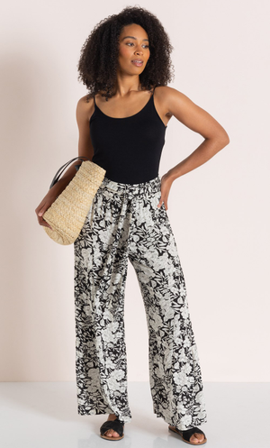 Floral Printed Wide Leg Palazzo Trousers - Black/White