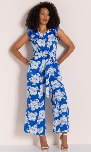 Floral Printed Jumpsuit - Blue/White