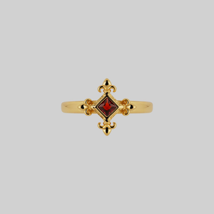 CRIMSON. Medieval Fleur de Lis Garnet Ring - Gold