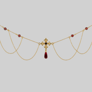 MUTINY. Fleur de Lis Multi-Drop Garnet Collar - Gold