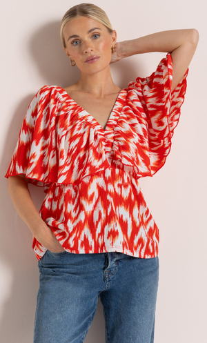 Printed V Neck Top - Red/White