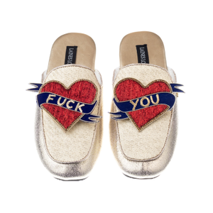 Classic Mules With Fuck You Brooches - Cream & Gold (XL)