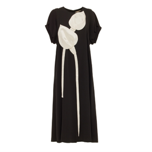 Silky Touch Midi Black Dress With Floral Detail (XL)
