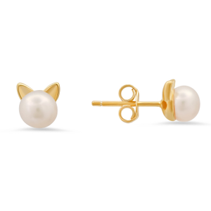 Gold Kitty Cat Pearl Stud Earrings (M)