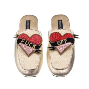 Classic Mules With Fuck Off Brooches - Cream & Gold (L)