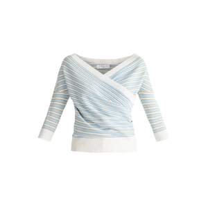 Knitted Wrap Top In Gold, Light Blue & White (L)