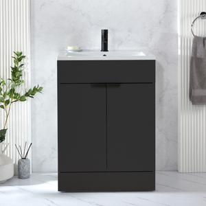 Milano Lurus - Black Grey 610mm Modern Vanity Unit with Basin and Black Finger Pull Handles