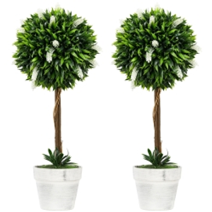 HOMCOM Set of 2 Decorative Artificial Plants Ball Trees with Flower for Home Indoor Outdoor Decor, 60cm ,White