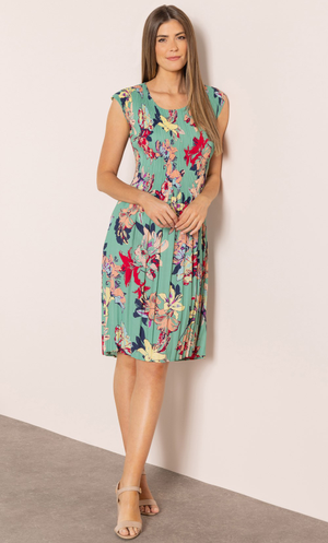 Bouquet Print Pleated Dress - Green/Pink