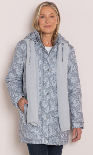 Anna Rose Leaf Printed Coat With Scarf - Mist/Grey