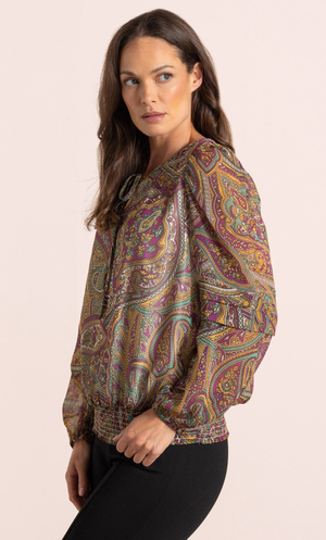 Smocked Hem Paisley Print Top - Pink/Green