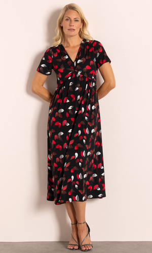 Textured Leaf Printed Midi Dress - Black/Red