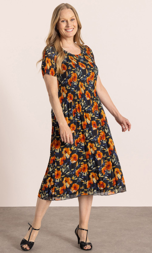 Anna Rose Pleated Garden Print Dress - Black/Multi