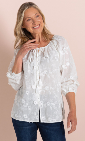 Anna Rose Floral Applique Cotton Blouse - White