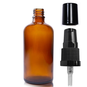 100ml Amber Glass Skincare Bottle With Pump - Black (Black Overcap)