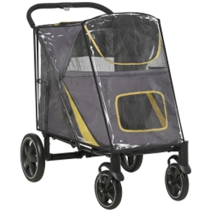 PawHut One-Click Foldable Pet Travel Stroller with Rain Cover, Cat Dog Pushchair with Universal Front Wheels, Shock Absorber, Storage Bags, Mesh Window, Safety Leash for Large and Medium Dogs (Grey)