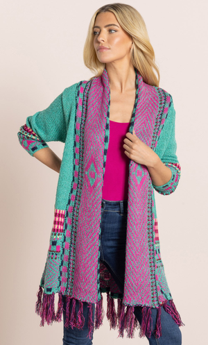 Patterned Open Front Cardigan - Green/Pink