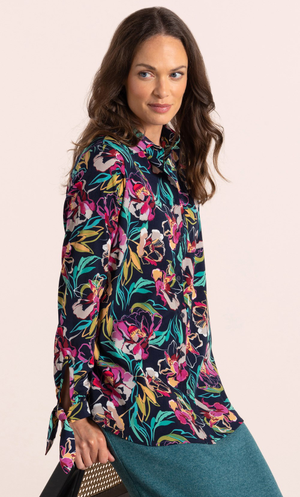 Bouquet Printed Tie Sleeve Blouse - Navy/Pink