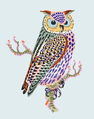 Contemporary Owl Giclée Print in Blue