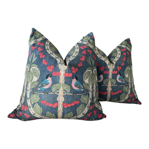 Gp and J Baker “Birds and Cherries” in Indigo Down Filled Pillows.- a Pair
