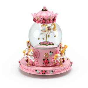 Stunningly Beautiful Animated Pink Roses and Carousel Horse Musical Snow Globe