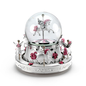 Pearl White and Silver with Pink Roses Unicorn Musical Carousel Animated Snow Globe