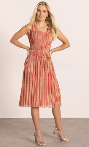 Sleeveless Striped Pleated Dress - Tan