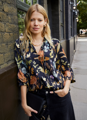 Jasmine Printed Tie Neck Satin Blouse - 14 (UK Size 14) / Black Botanical