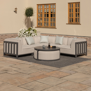 Maze - Outdoor Fabric Ibiza Small Corner Sofa Set with Round Coffee Table & 3 Footstools - Oatmeal