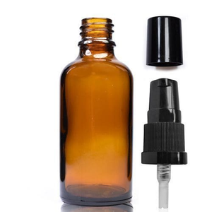 50ml Amber Glass Dropper Bottle & Lotion Pump - Black (Black Overcap)