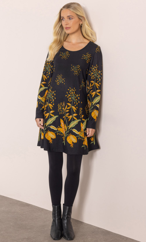 Garden Border Print Brushed Knit Tunic Top - Black/Mustard