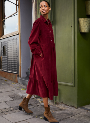 Philippa Organic Corduroy Midi Dress - 16 (UK Size 16) / Burgundy