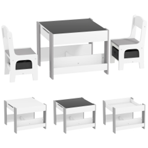 HOMCOM Juego de Mesa con Sillas para Niños 3 en 1 con Pizarra Cajones de Tela y Espacio de Almacenamiento Blanco y Gris
