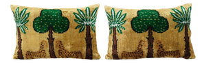 Silk Ikat Velvet Pillow, Animal Pillows With Tree and Palm Design