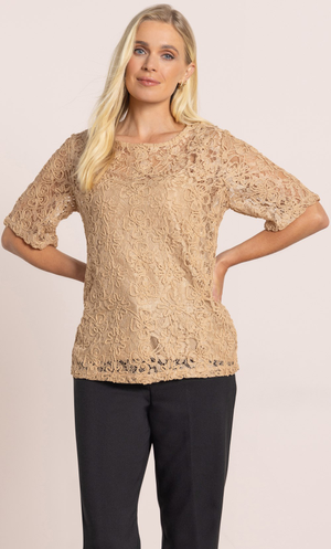 Short Sleeve Corded Lace Top - Tan