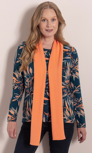 Anna Rose Leaf Printed Brushed Knit Top With Scarf - Teal/Orange/Multi