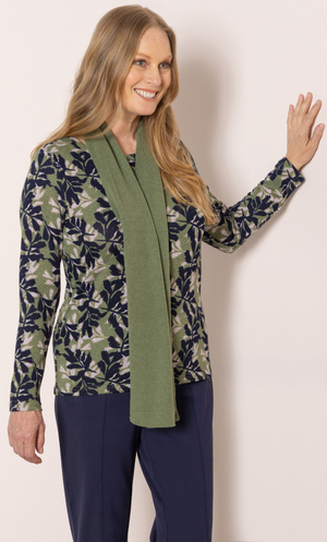 Anna Rose Leaf Printed Brushed Knit Top With Scarf - Khaki/Multi