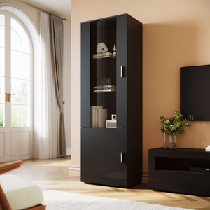 ELEGANT Black High Gloss Tall Display Cabinet Sideboard Cupboard Unit Furniture 187cm