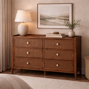 Lombok Walnut Rattan 6 Drawer Chest