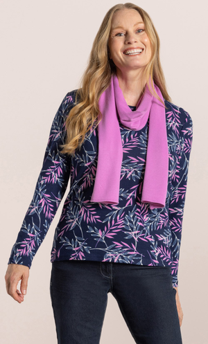Anna Rose Leaf Printed Brushed Knit Top With Scarf - Navy/Pink/Multi