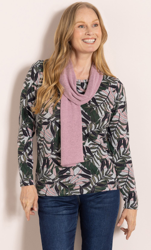 Anna Rose Leaf Printed Brushed Knit Top With Scarf - Khaki/Soft/Pink/Multi