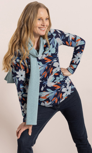 Anna Rose Floral Printed Brushed Knit Top With Scarf - Navy/Aqua/Orange