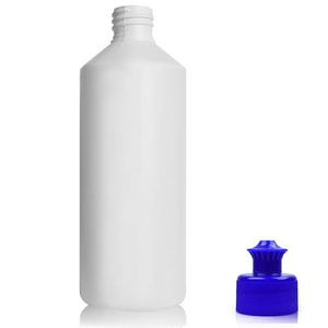 500ml White HDPE Plastic Round Bottle With Free Pull Top Cap - Blue