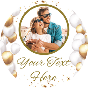 Personalised Party Stickers - White &amp; Gold Balloons - Custom Text - 1 Photo Upload