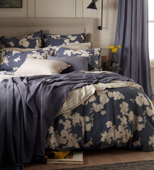 Ink Blue Flower Press Linen Blend Duvet Cover