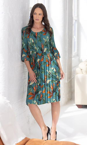 Botanical Print Pleated Dress - Peacock